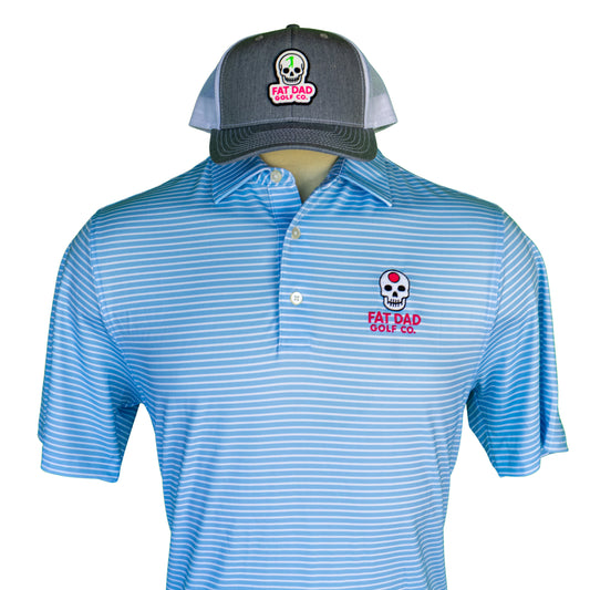 "golf on the brain" blue stripe clubhouse golf polo